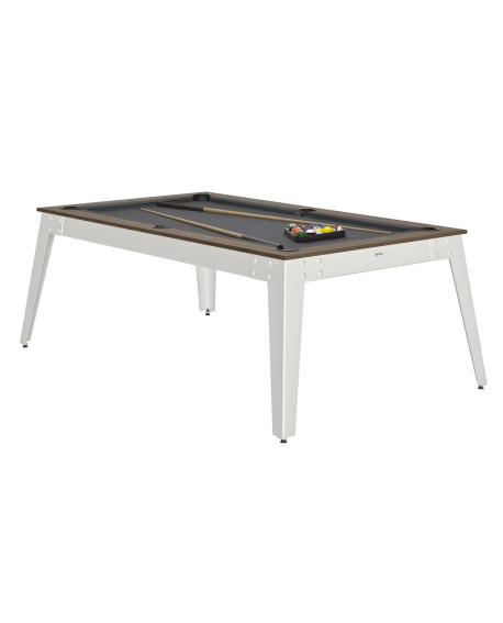 Table billard convertible René Pierre Steel Chataignier pieds blancs tapis gris