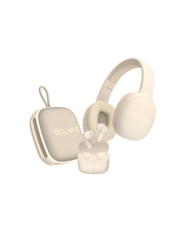 Pack Audio Bluetooth 3-en-1 Bolaris – Casque Stéréo, Écouteurs TWS et Enceinte 5 W – Autonomie Longue Durée – Beige